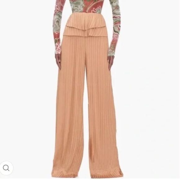 $284 Andrea lyamah Toffee Satin Pleated Linea Pant NWT - Picture 3 of 9